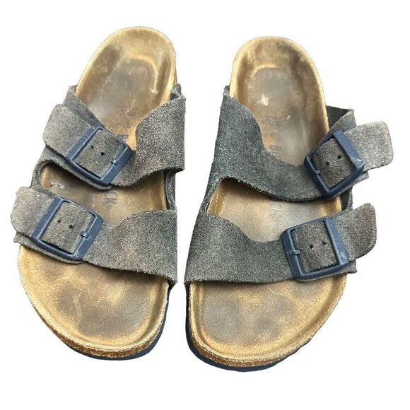 Birkenstock Shoes - Birkenstock Germany Arizona Blue Suede Leather Slip On Slide Cork Sandal Size 38